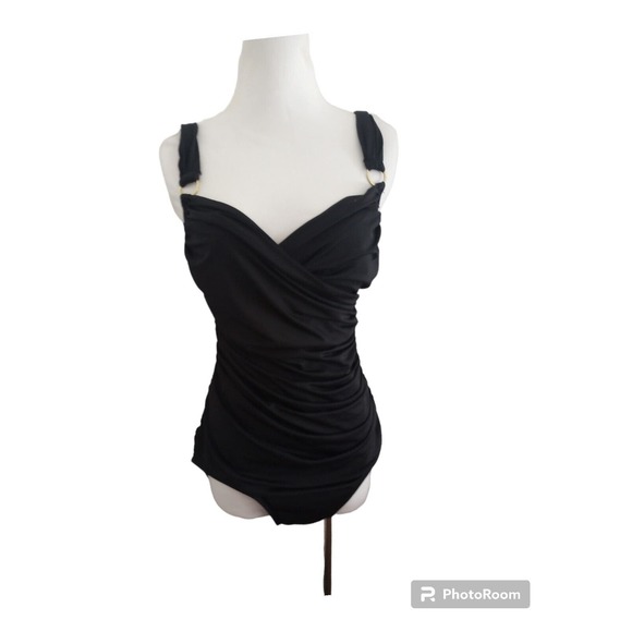Merona Ladies Medium Black Sexy One Piece Swimsuit Ruched Tummy Hiding Gold - Picture 3 of 8
